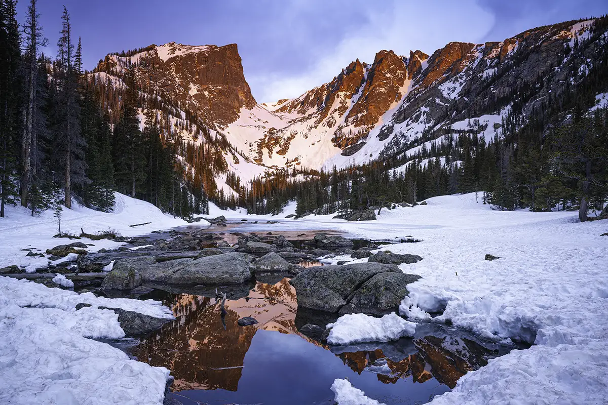 Dream Lake Sunrise on Rocky Mountain National Park Snowshoeing Tour
